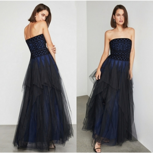 Bcbgmaxazria Strapless Embroidered Lace Navy Tulle Gown Size 4 - Picture 1 of 11